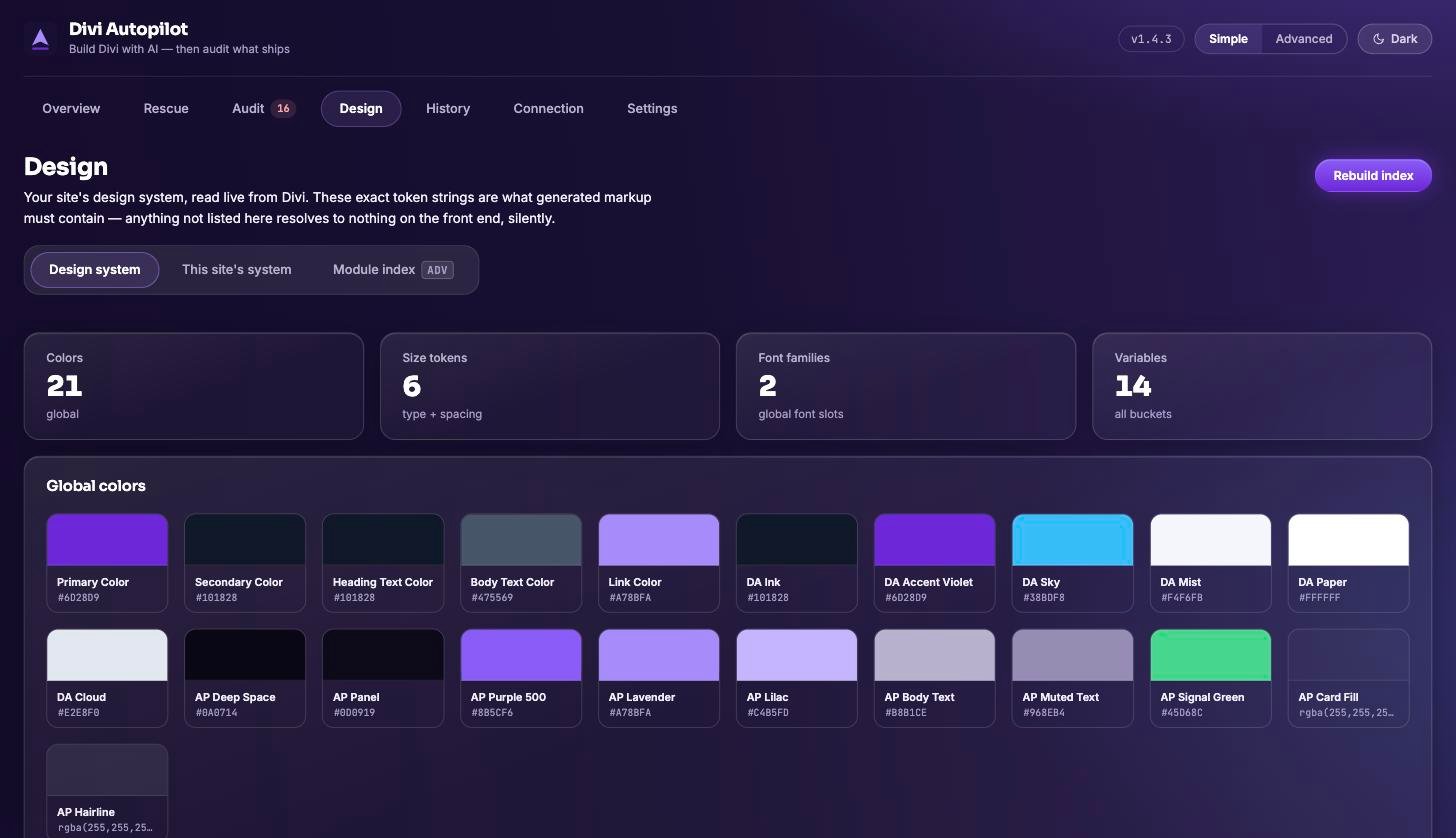 The Divi Autopilot Design screen: counters for colours, size tokens, font families and variables above a grid of the site global colour swatches with their hex values, read live from Divi.